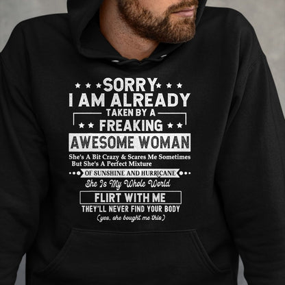 Best Wife Shirt, Wife and Husband Unisex T-Shirt/Hoodie/Sweatshirt HLT00 - Sorry I am already taken by a freaking awesome woman gifts T-Shirt