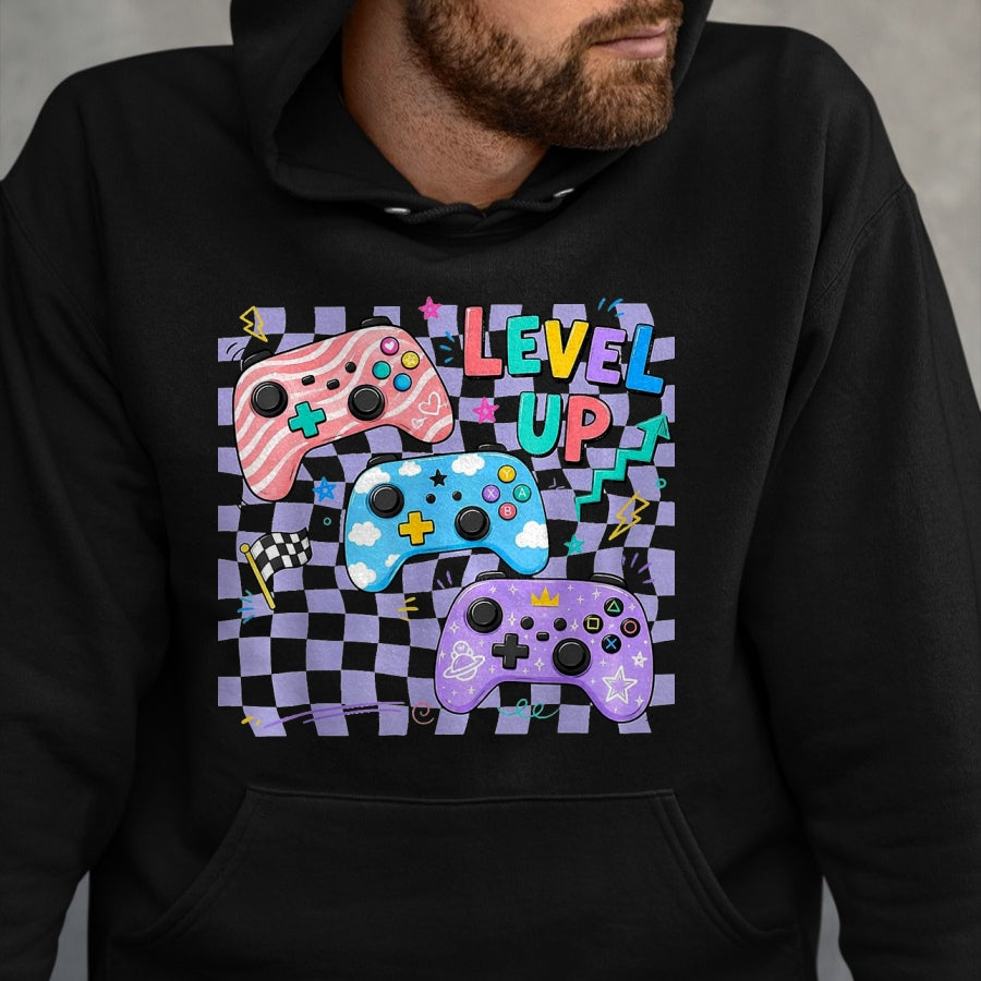 Best Student Shirt, Funny Back To School UnisexT-Shirt/Hoodie/Sweatshirt HLT00 - Retro Checkered Level Up Teacher Gaming Back to School T-Shirt, Women, Black, Large