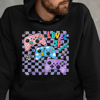 Best Student Shirt, Funny Back To School UnisexT-Shirt/Hoodie/Sweatshirt HLT00 - Retro Checkered Level Up Teacher Gaming Back to School T-Shirt, Women, Black, Large