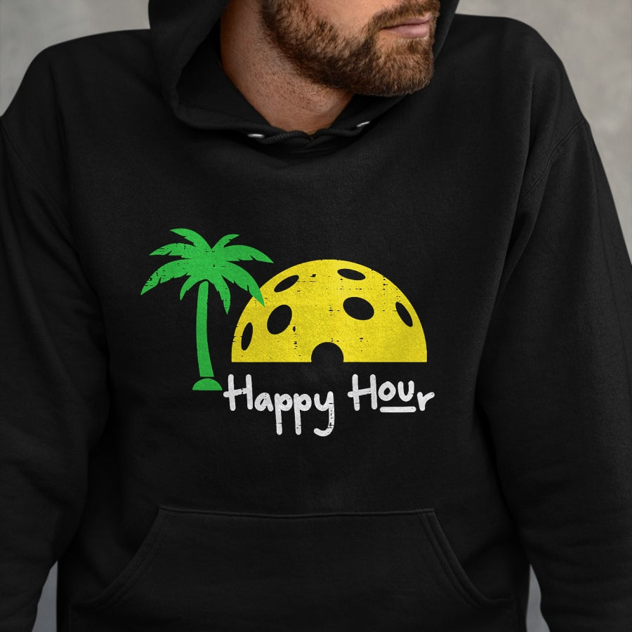 Funny Pickleball Shirt, Pickleball Lover Unisex T-Shirt/Hoodie/Sweatshirt HLT00 - Pickle Ball Happy Hour Palm Tree Pickleball Men Women Kids T-Shirt