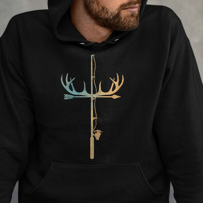 Funny Fishing Shirt, Gift For Fishing Lover Unisex T-Shirt/Hoodie/Sweatshirt HLT00 - Antler Fishing Rod Cross God Family Hunting Fishing T-Shirt
