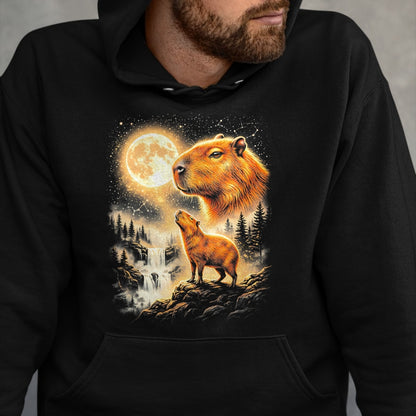 Cute Capybara Shirt, Funny Capybara Unisex T-Shirt/Hoodie/Sweatshirt HLT00 - Capybara Howling At The Moon Forest Waterfall Art T-Shirt