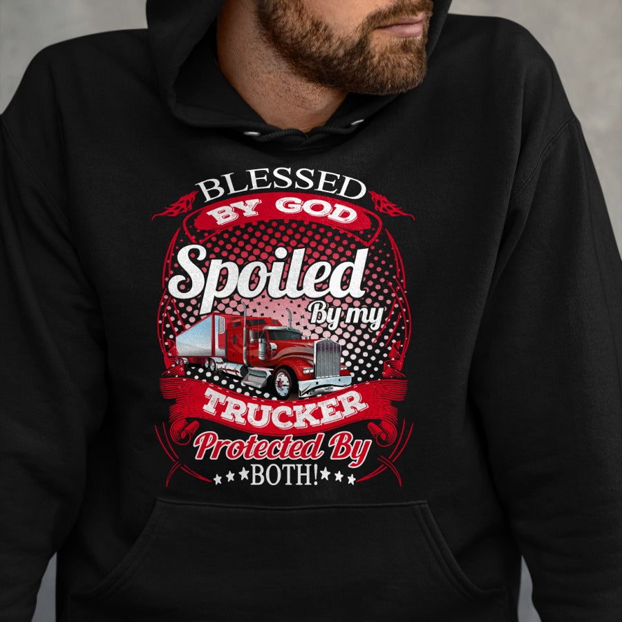Best Wife Shirt, Wife and Husband Unisex T-Shirt/Hoodie/Sweatshirt HLT00 - Blessed By God Spoiled By My Trucker Girlfriend Wife Long Sleeve T-Shirt