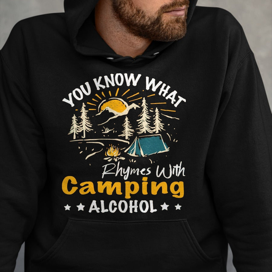 Funny Camping Shirt, Gift For Camping Lover Unisex T-Shirt/Hoodie/Sweatshirt HLT00 - You Know What Rhymes with Camping Alcohol Hiking Adventure T-Shirt, Men, Black, Medium