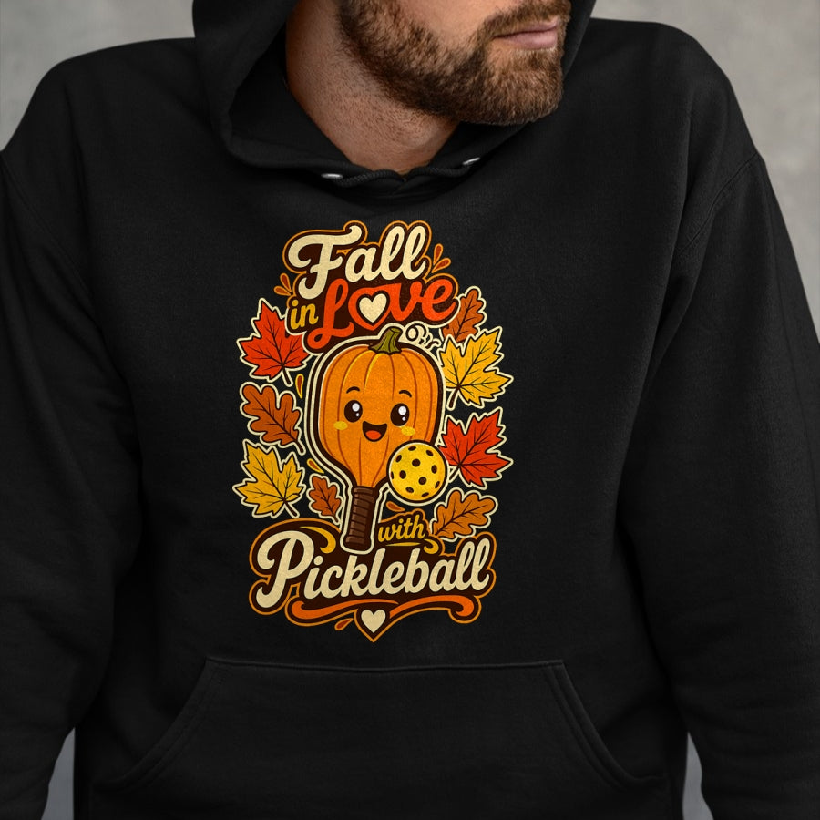 Funny Pickleball Shirt, Pickleball Lover Unisex T-Shirt/Hoodie/Sweatshirt HLT00 - Fall Pickleball Pumpkin Leaves Paddle Autumn Sports Lover T-Shirt