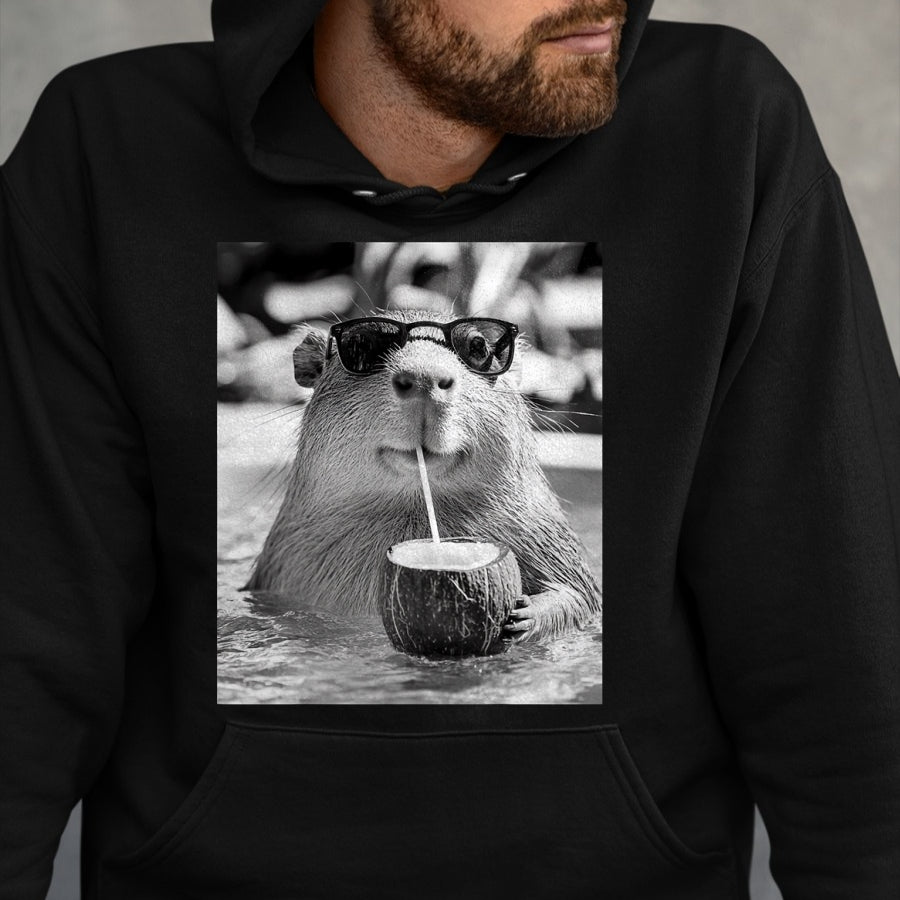Cute Capybara Shirt, Funny Capybara Unisex T-Shirt/Hoodie/Sweatshirt HLT00 - Capybara Selfie with Sunglasses and Coconut Drink T-Shirt