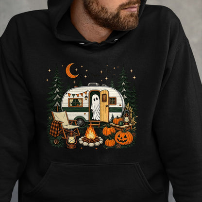 Funny Camping Shirt, Gift For Camping Lover Unisex T-Shirt/Hoodie/Sweatshirt HLT00 - Halloween Ghost Fall RV Camping Autumn Moon Night Funny T-Shirt