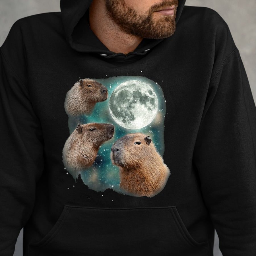 Cute Capybara Shirt, Funny Capybara UnisexT-Shirt/Hoodie/Sweatshirt HLT00 - 3 Capybara Moon Giant Rodents Weird Howling Parody T-Shirt, Men, Black, 3X-Large