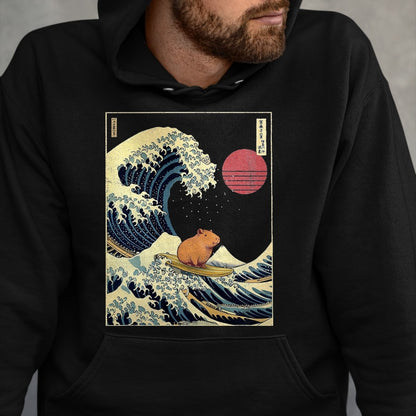 Cute Capybara Shirt, Funny Capybara Unisex T-Shirt/Hoodie/Sweatshirt HLT00 - Capybara Japanese Kanagawa Wave Funny Surf Animal T-Shirt, Men, Black, 3X-Large