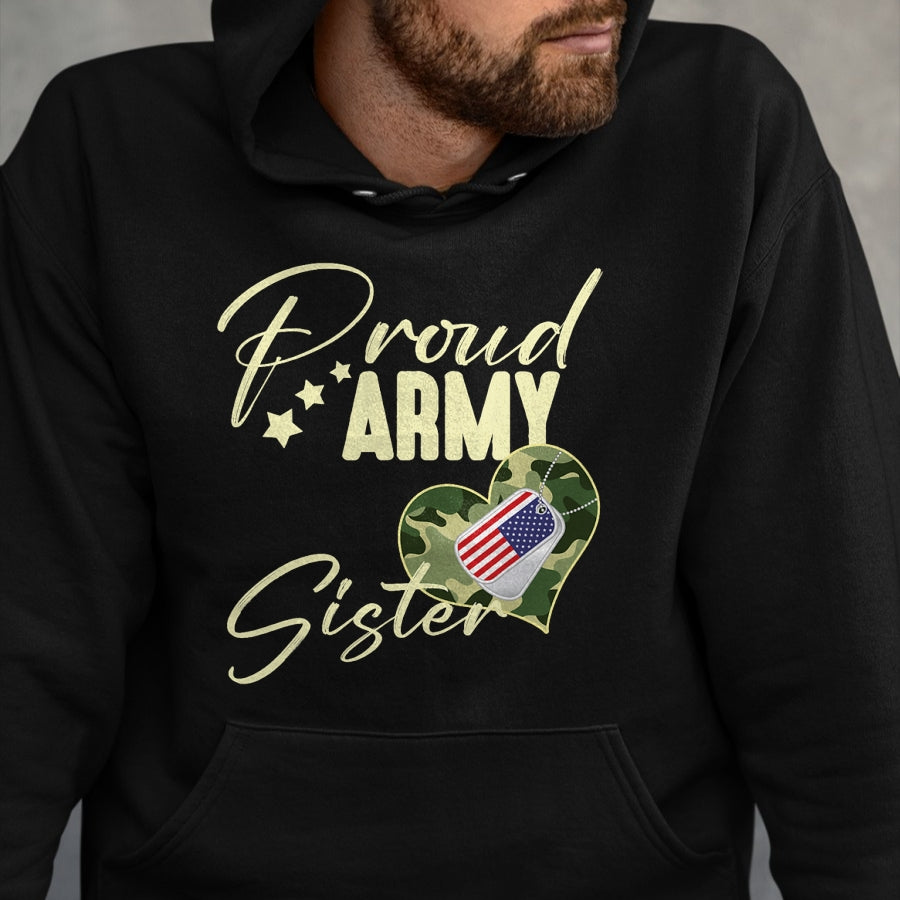 Gift for Dad Shirt, Funny Dad Unisex T-Shirt/Hoodie/Sweatshirt HLT00 – Proud Army SISTER Camouflage Dog Tag USA American Flag T-Shirt