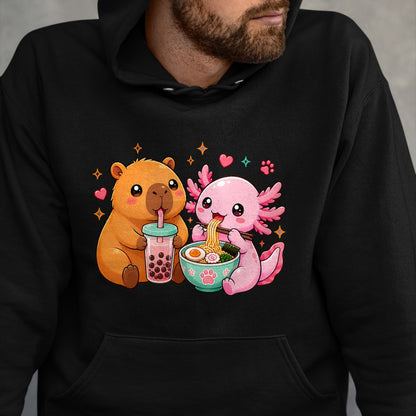 Cute Capybara Shirt, Funny Capybara Unisex T-Shirt/Hoodie/Sweatshirt HLT00 - Cute Capybara Axolotl Boba Ramen Anime Kawaii Foodie Friends T-Shirt