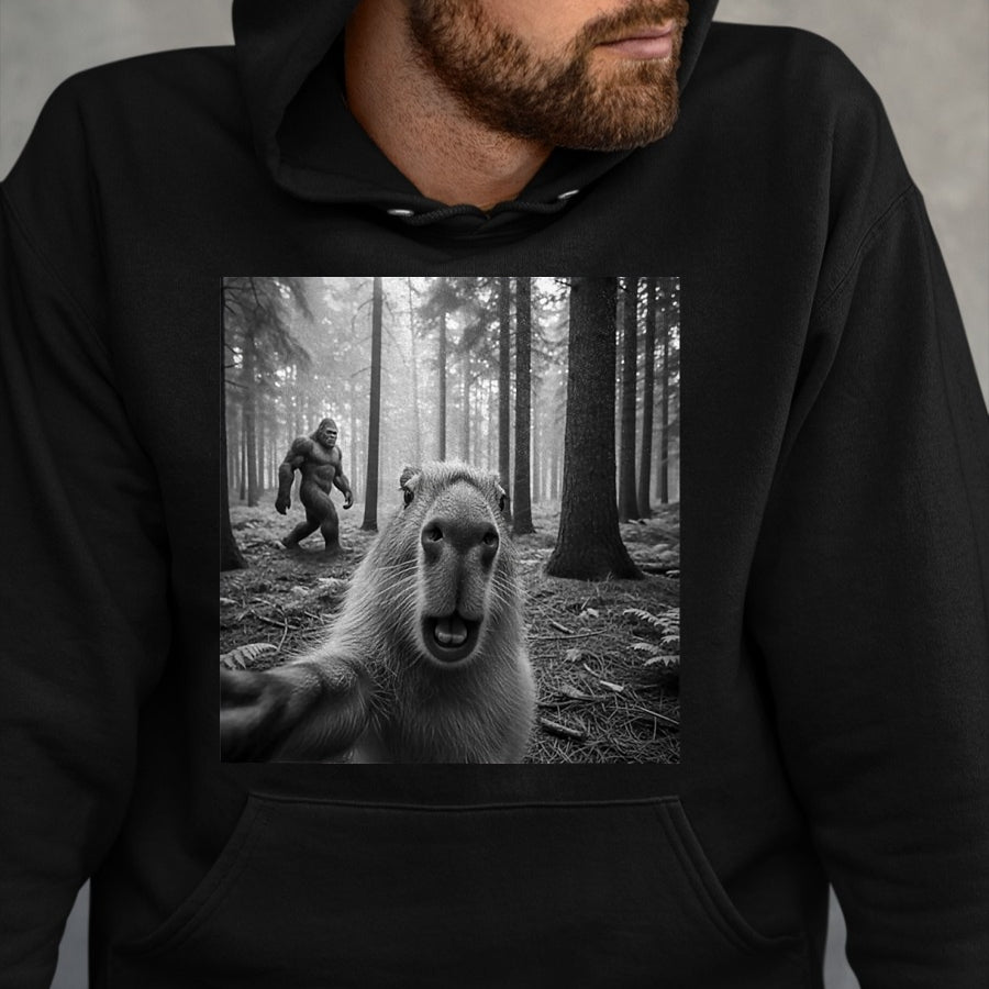 Cute Capybara Shirt, Funny Capybara Unisex T-Shirt/Hoodie/Sweatshirt HLT00 - Funny Capybara Selfie with Sasquatsch Bigfoot for Men Women T-Shirt, Men, Black, 3X-Large