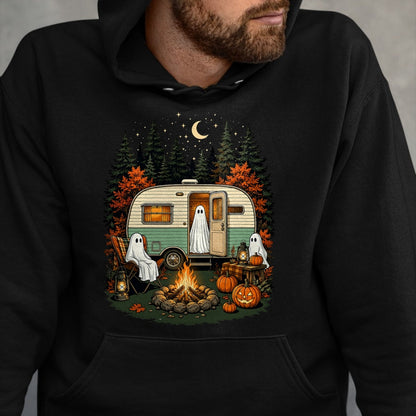 Funny Camping Shirt, Gift For Camping Lover Unisex T-Shirt/Hoodie/Sweatshirt HLT00 - Halloween Ghost Rv Camping Fall Camper Pumpkin Camper Autumn T-Shirt