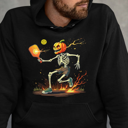Funny Pickleball Shirt, Pickleball Lover Unisex T-Shirt/Hoodie/Sweatshirt HLT00 - Pumpkin Head Skeleton Pickleball Halloween Spooky Sports T-Shirt