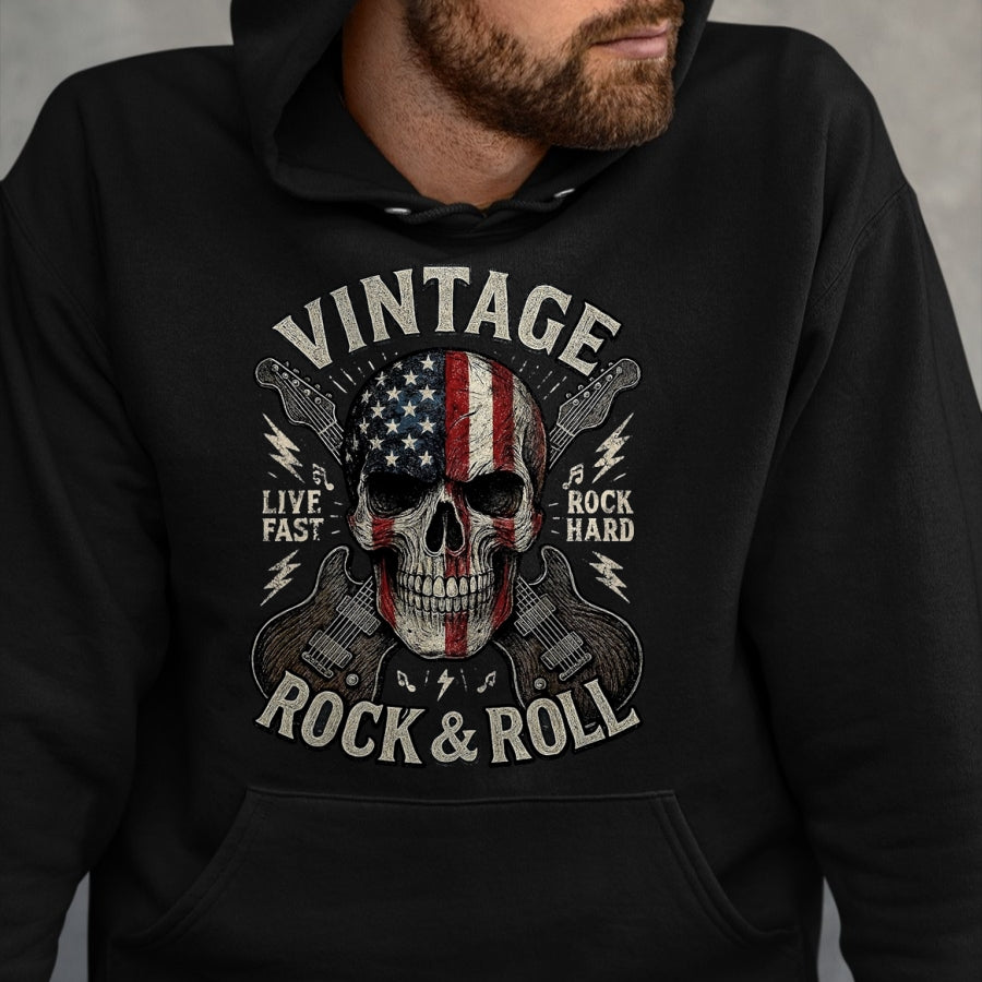 Guitar Lover Shirt, Funny Guitar UnisexT-Shirt/Hoodie/Sweatshirt HLT00 - Vintage Rock Skull American Flag Guitar Retro Rock and Roll T-Shirt, Men, Black, Large