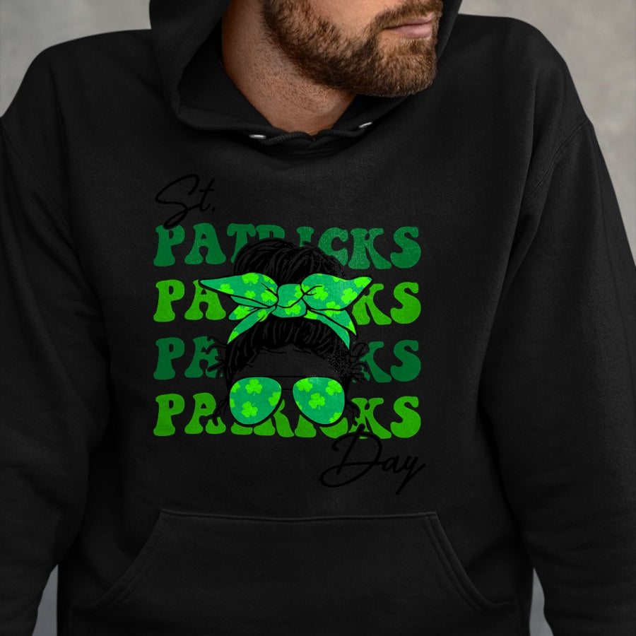 Patrick Day Shirts for Family, Funny Patrick Day shirts, st patrick's day Unisex T-Shirt/Hoodie/Sweatshirt HLT00 - Happy St Patrick Day Funny Messy Bun Glasses Women T-Shirt