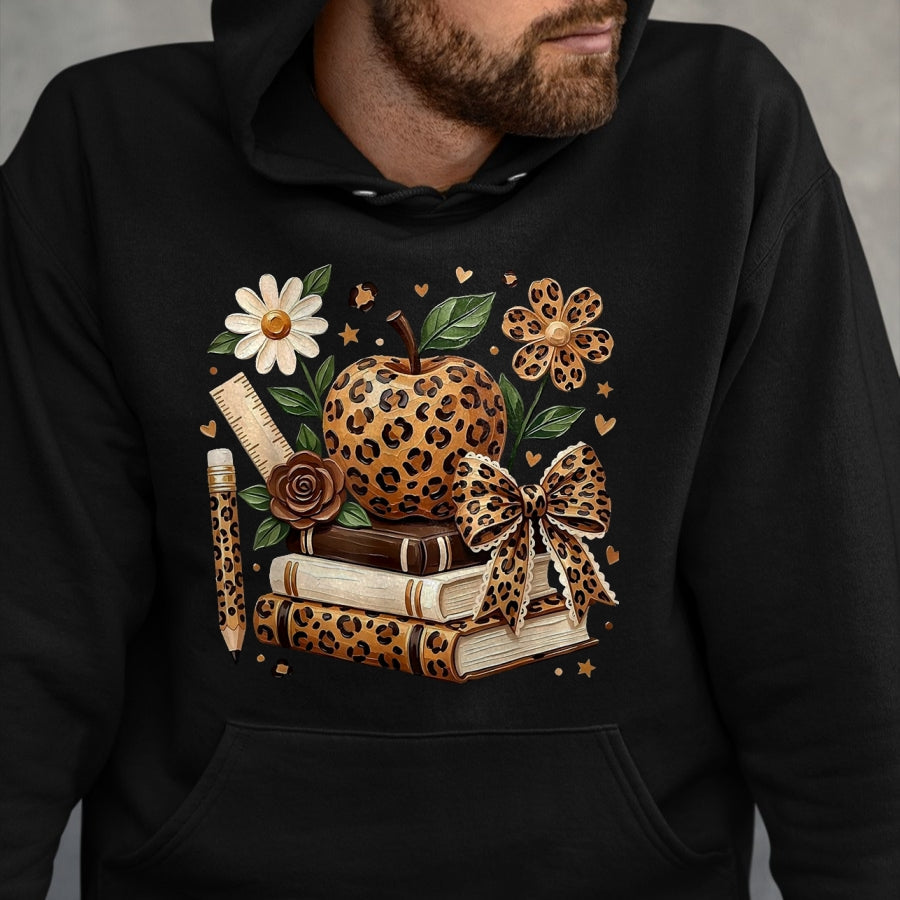 Best Student Shirt, Funny Back To School UnisexT-Shirt/Hoodie/Sweatshirt HLT00 - Leopard Apple Floral Coquette Bow Book Pencil Back to School T-Shirt, Women, White, Medium
