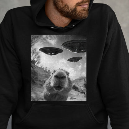 Cute Capybara Shirt, Funny Capybara Unisex T-Shirt/Hoodie/Sweatshirt HLT00 - Funny Capybara Selfie with UFOs Weird Graphic Tee Alien UFO T-Shirt