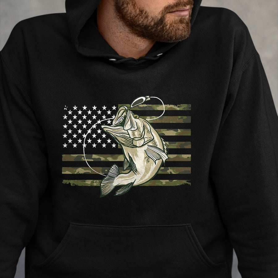 Funny Fishing Shirt, Gift For Fishing Lover Unisex T-Shirt/Hoodie/Sweatshirt HLT00 - Fishing Camouflage US American Flag Bass Fish Fisherman Camo T-Shirt