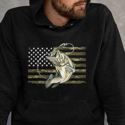 Funny Fishing Shirt, Gift For Fishing Lover Unisex T-Shirt/Hoodie/Sweatshirt HLT00 - Fishing Camouflage US American Flag Bass Fish Fisherman Camo T-Shirt