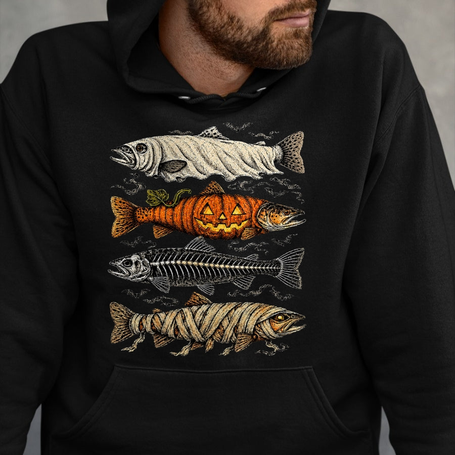 Funny Fishing Shirt, Gift For Fishing Lover Unisex T-Shirt/Hoodie/Sweatshirt HLT00 - Halloween Trout Fish Ghost Pumpkin Skeleton Mummy T-Shirt