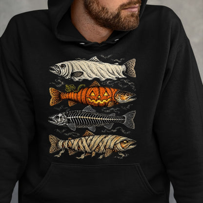 Funny Fishing Shirt, Gift For Fishing Lover Unisex T-Shirt/Hoodie/Sweatshirt HLT00 - Halloween Trout Fish Ghost Pumpkin Skeleton Mummy T-Shirt