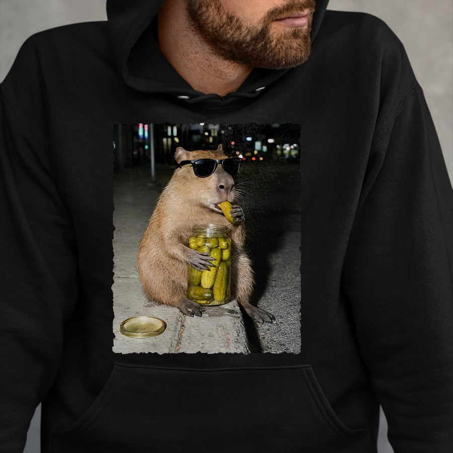Cute Capybara Shirt, Funny Capybara Unisex T-Shirt/Hoodie/Sweatshirt HLT00 - Funny Capybara Eating Pickles Meme T-Shirt, Men, Black, 3X-Large