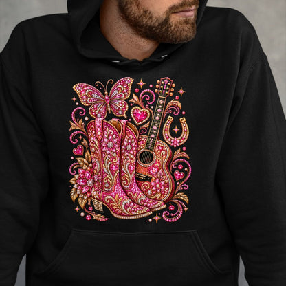 Guitar Lover Shirt, Funny Guitar UnisexT-Shirt/Hoodie/Sweatshirt HLT00 - Pink Butterfly Bling Cowgirl Guitar Western Rhinestone Cute T-Shirt