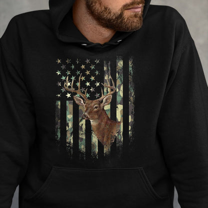 Funny Hunting Shirt, Gift For Hunting Lover Unisex T-Shirt/Hoodie/Sweatshirt HLT00 - American Flag Deer Hunting Camo T-Shirt
