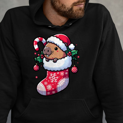 Cute Capybara Shirt, Funny Capybara Unisex T-Shirt/Hoodie/Sweatshirt HLT00 - Cute Capybara Wearing Santa Hat in Christmas Stocking Pajama T-Shirt