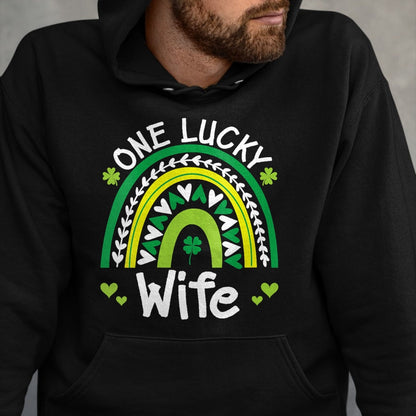 Best Wife Shirt, Wife and Husband Unisex T-Shirt/Hoodie/Sweatshirt HLT00 - Gift for wife T shirt, lucky wife   Womens One Lucky Wife Boho Rainbow St Patricks Day Shamrock V-Ne