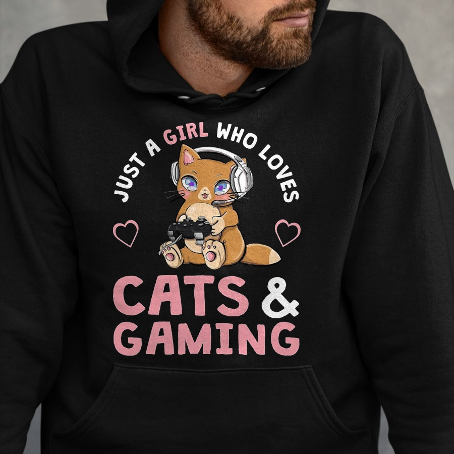 Cat Love Shirt, Funny Cat Lover Gift UnisexT-Shirt/Hoodie/Sweatshirt HLT00 - Just A Girl Who Loves Cats and Gaming Cute Gamer Cat T-Shirt, Men, Black, X-Large