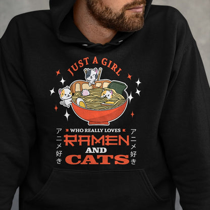 Cat Love Shirt, Funny Cat Lover Gift UnisexT-Shirt/Hoodie/Sweatshirt HLT00 - Just a girl who really loves Ramen and cats Design T-Shirt (1)