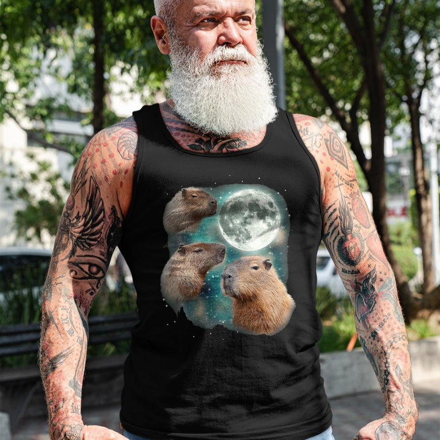 Cute Capybara Shirt, Funny Capybara UnisexT-Shirt/Hoodie/Sweatshirt HLT00 - 3 Capybara Moon Giant Rodents Weird Howling Parody T-Shirt, Men, Black, 3X-Large