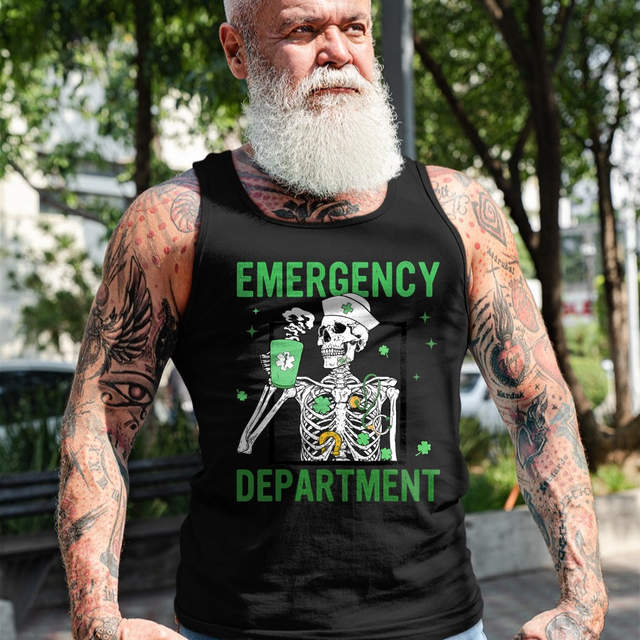 Patrick Day Shirts for Family, Funny Patrick Day shirts, st patrick's day Unisex T-Shirt/Hoodie/Sweatshirt HLT00 - Skeleton Emergency Department Coffee ER Nurse St Patrick Day T-Shirt (1)