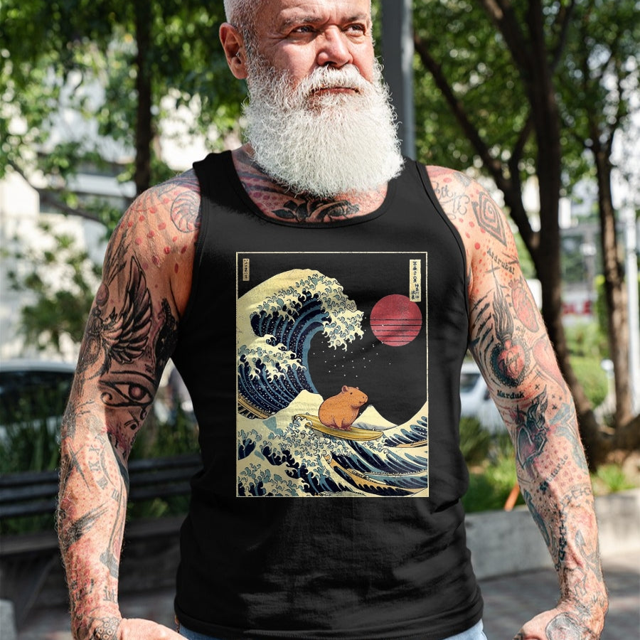 Cute Capybara Shirt, Funny Capybara Unisex T-Shirt/Hoodie/Sweatshirt HLT00 - Capybara Japanese Kanagawa Wave Funny Surf Animal T-Shirt, Men, Black, 3X-Large
