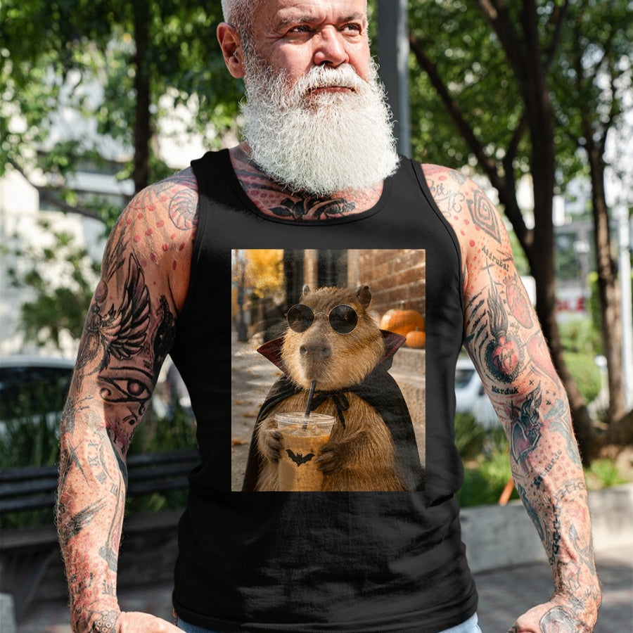 Cute Capybara Shirt, Funny Capybara Unisex T-Shirt/Hoodie/Sweatshirt HLT00 - Capybara Vampire Drinking Iced Coffee Halloween Funny Meme T-Shirt