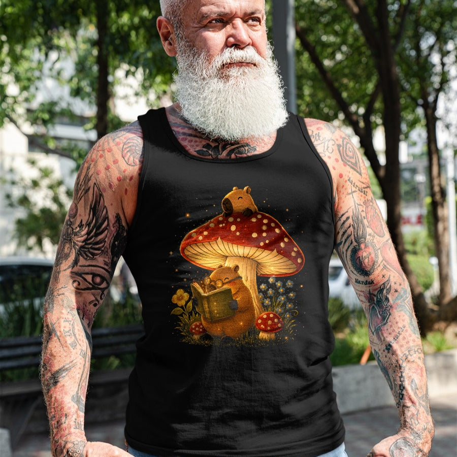 Cute Capybara Shirt, Funny Capybara Unisex T-Shirt/Hoodie/Sweatshirt HLT00 - Capybara Reading Book Mushroom Cottagecore Aesthetic Women T-Shirt