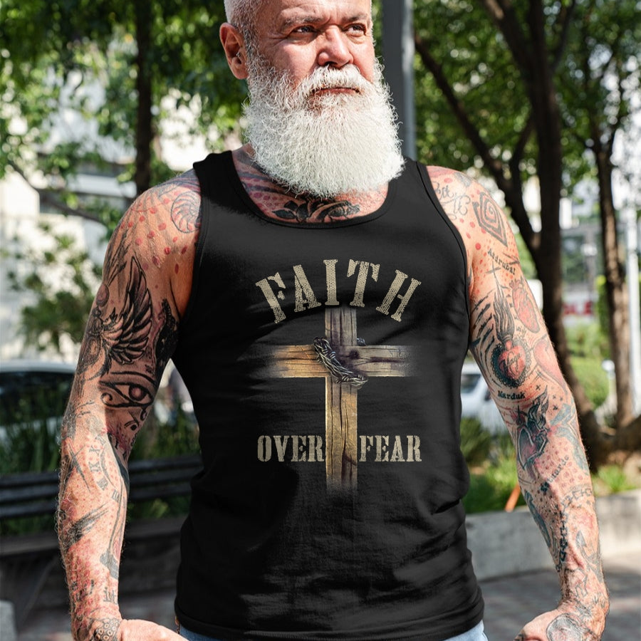 Christian Tee, Christian Faith Unisex T-Shirt/Hoodie/Sweatshirt HLT00 - Faith Over Fear American Christian Cross God Jesus (on back) T-Shirt