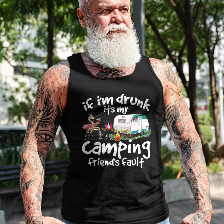 Funny Camping Shirt, Gift For Camping Lover Unisex T-Shirt/Hoodie/Sweatshirt HLT00 - If I_m Drunk It_s My Camping Friend_s Fault Funny Flamingo T-Shirt, Men, Black, 3X-Large