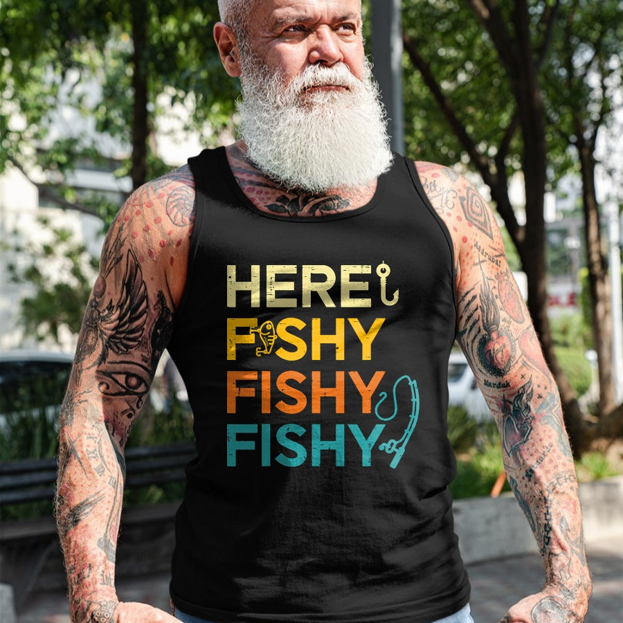 Funny Fishing Shirt, Gift For Fishing Lover Unisex T-Shirt/Hoodie/Sweatshirt HLT00 - Fishing Here Fishy Retro Fish Lover Fisherman Men Women Kids T-Shirt
