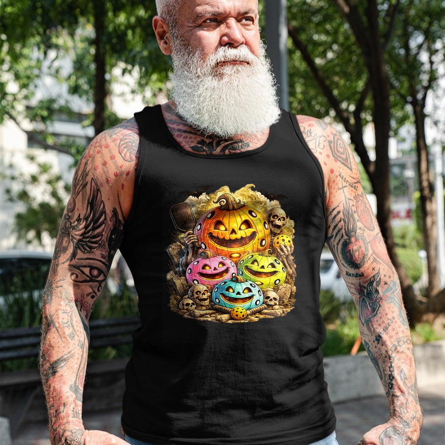 Funny Pickleball Shirt, Pickleball Lover Unisex T-Shirt/Hoodie/Sweatshirt HLT00 - Halloween Pickleball Pumpkins and Skeletons T-Shirt