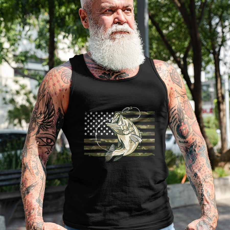 Funny Fishing Shirt, Gift For Fishing Lover Unisex T-Shirt/Hoodie/Sweatshirt HLT00 - Fishing Camouflage US American Flag Bass Fish Fisherman Camo T-Shirt