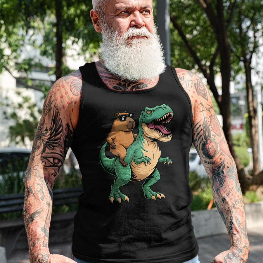 Cute Capybara Shirt, Funny Capybara Unisex T-Shirt/Hoodie/Sweatshirt HLT00 - Capybara Riding T-Rex T-Shirt