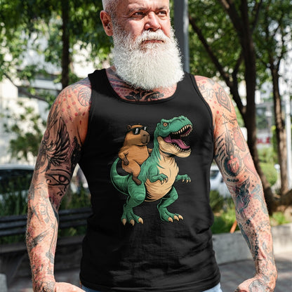 Cute Capybara Shirt, Funny Capybara Unisex T-Shirt/Hoodie/Sweatshirt HLT00 - Capybara Riding T-Rex T-Shirt
