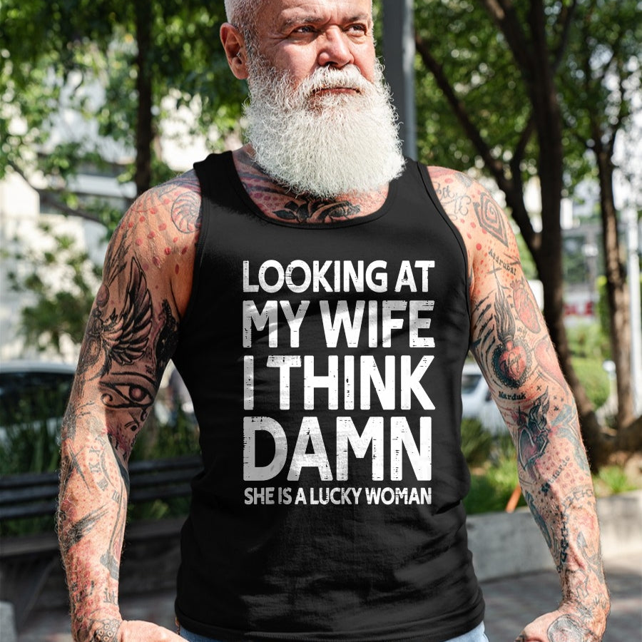 Best Wife Shirt, Wife and Husband Unisex T-Shirt/Hoodie/Sweatshirt HLT00 - Gift for wife T shirt, lucky wife   Funny My Wife Is A Lucky Woman Husband Gift Wife Themed Gift Tan (1)