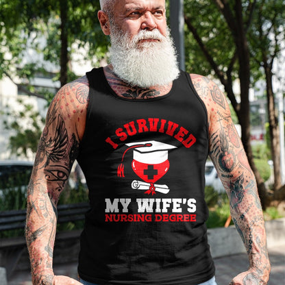 Funny Nurse Shirt, Nurse Unisex T-Shirt/Hoodie/Sweatshirt HLT00 - I Survived My Wife's Nursing Degree Nurse RN Graduation 2024 T-Shirt