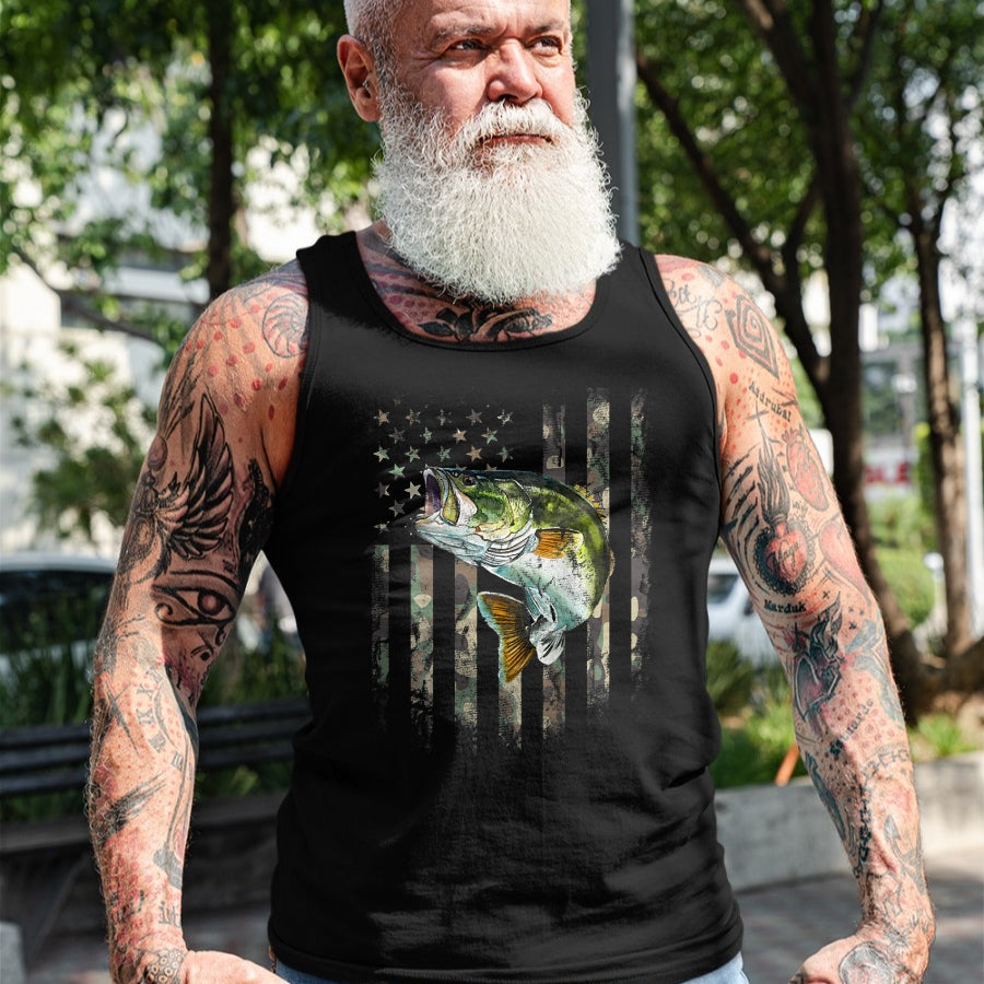 Funny Fishing Shirt, Gift For Fishing Lover Unisex T-Shirt/Hoodie/Sweatshirt HLT00 - (Art on Back) American Flag Camo Bass Fish Fishing T-Shirt