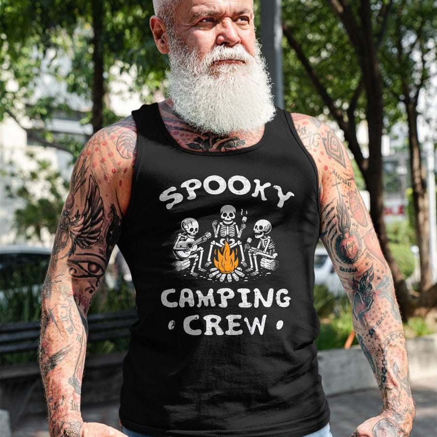 Funny Camping Shirt, Gift For Camping Lover Unisex T-Shirt/Hoodie/Sweatshirt HLT00 - Spooky Camping Crew Halloween Camping Skeleton Campsite T-Shirt