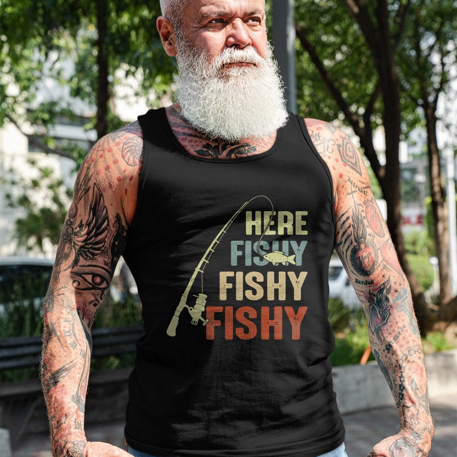 Funny Fishing Shirt, Gift For Fishing Lover Unisex T-Shirt/Hoodie/Sweatshirt HLT00 - Here Fishy Fishy Fishy Fishing Angler Deep Sea Fishing Funny T-Shirt